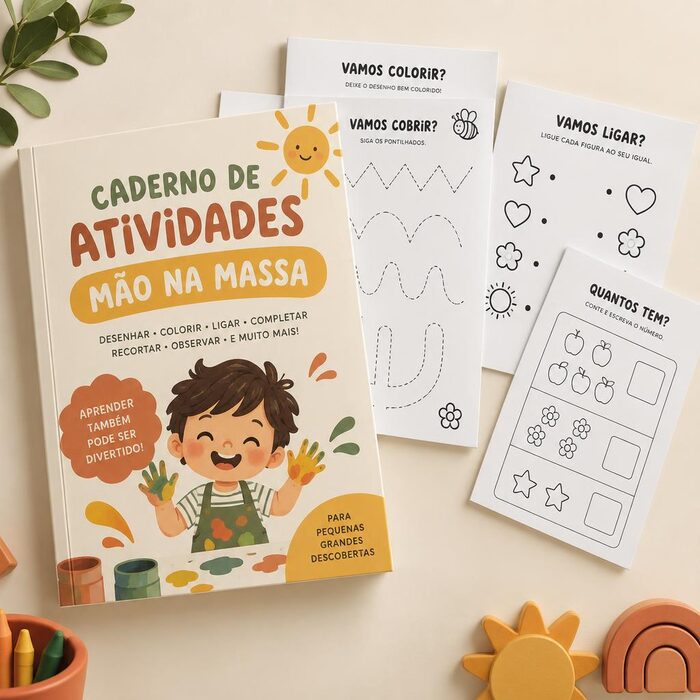 Capa do Caderno de Atividades Mão na Massa com páginas imprimíveis ao lado
