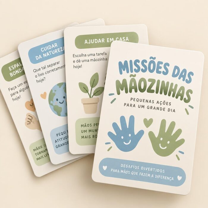 Cartinhas imprimíveis das Missões das Mãozinhas espalhadas sobre a mesa