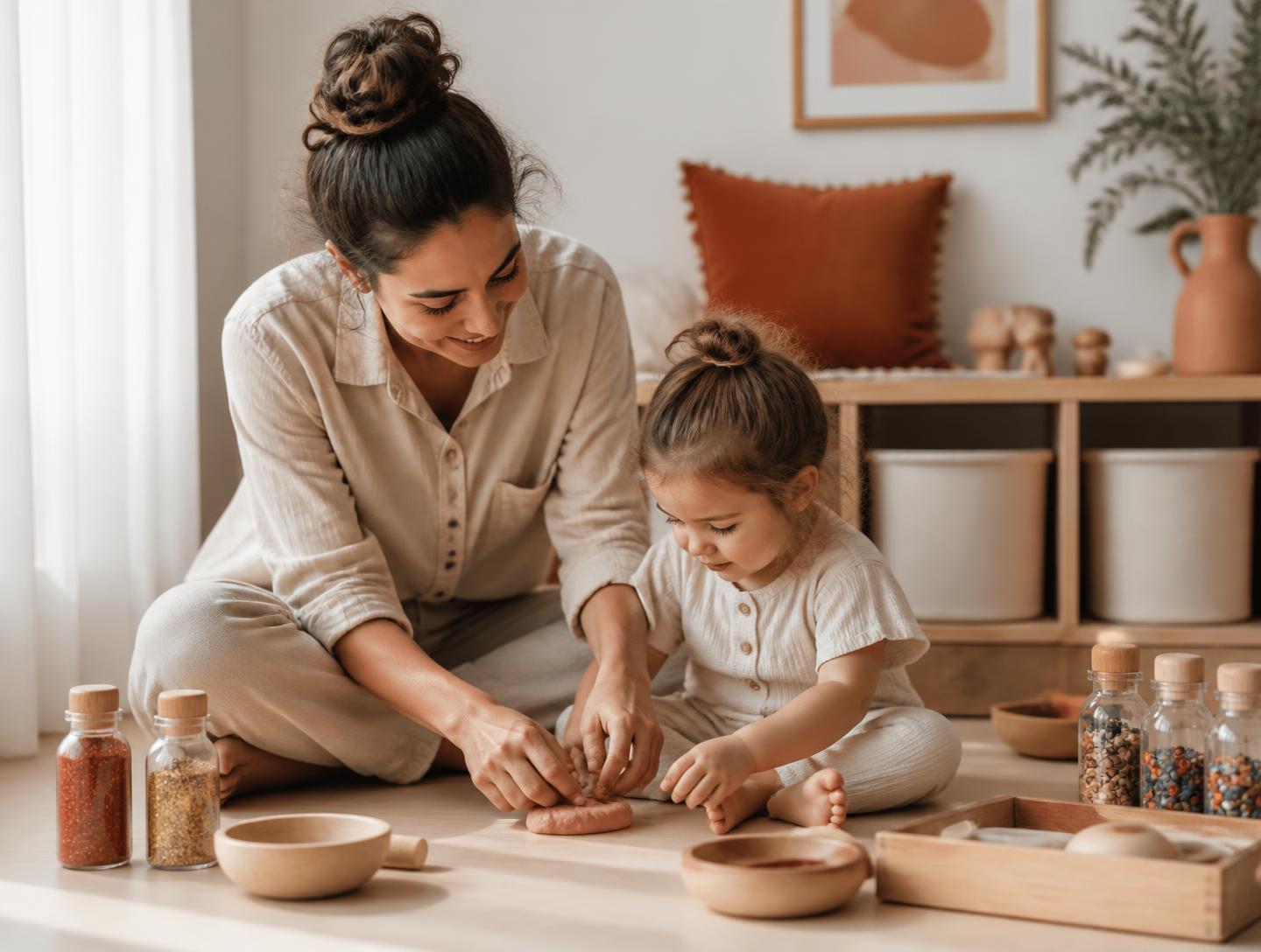 Mãe e criança pequena explorando materiais sensoriais no chão da sala